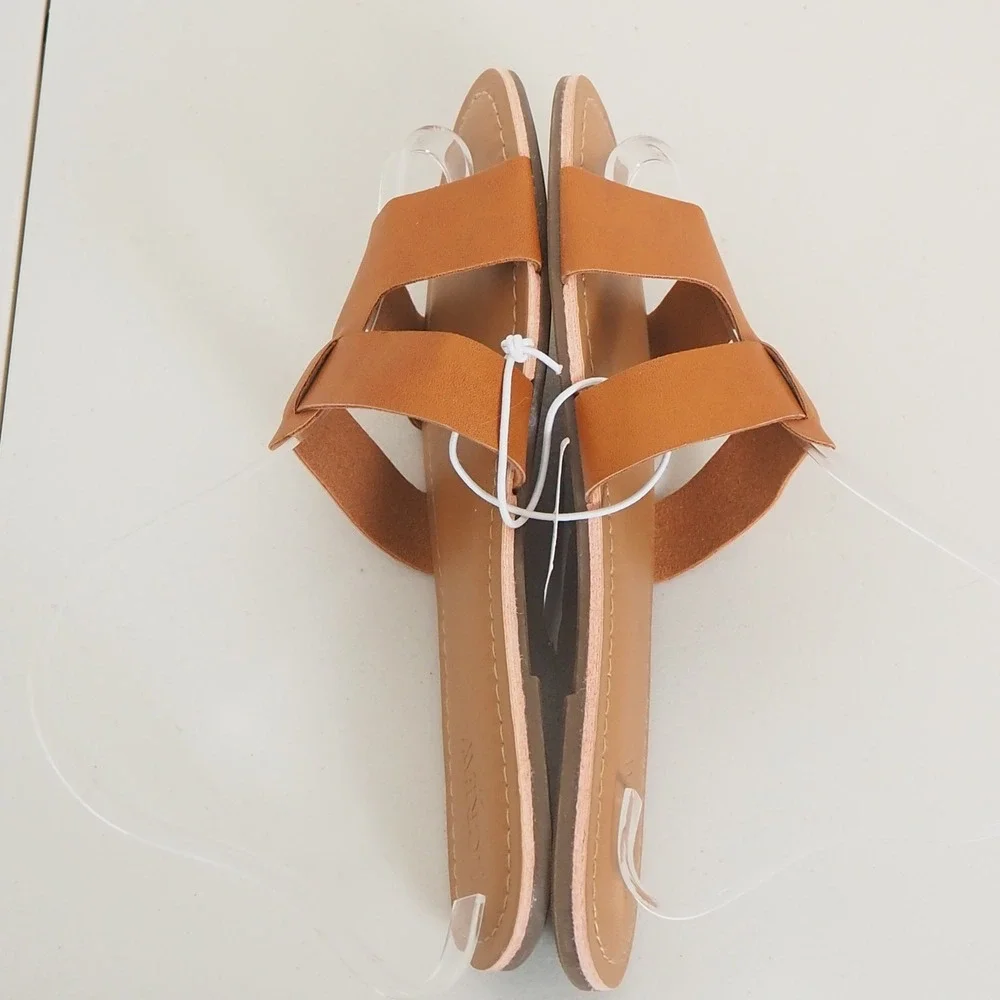 J.Crew Women's Size 7 Tan Brown‎ Leather Slide Sandals Flat Slip On "H" Shape - Picture 7 of 11